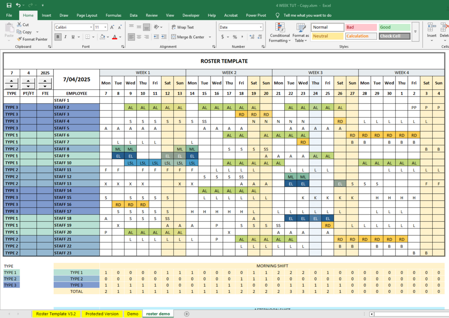 Video Tutorial - 4-Week Excel Roster Template for Shift-Based Teams