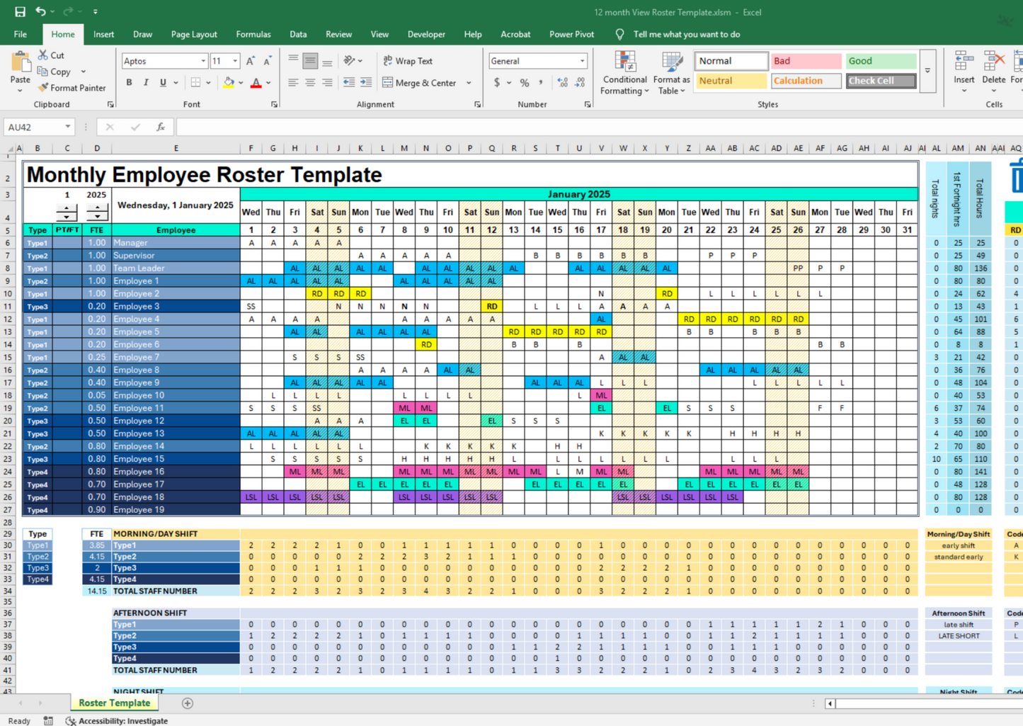 Monthly Excel shift planner supporting up to 40 employees with rotating morning, afternoon, and night shifts. Includes automatic work hour calculation and customizable employee grades for accurate workforce tracking.