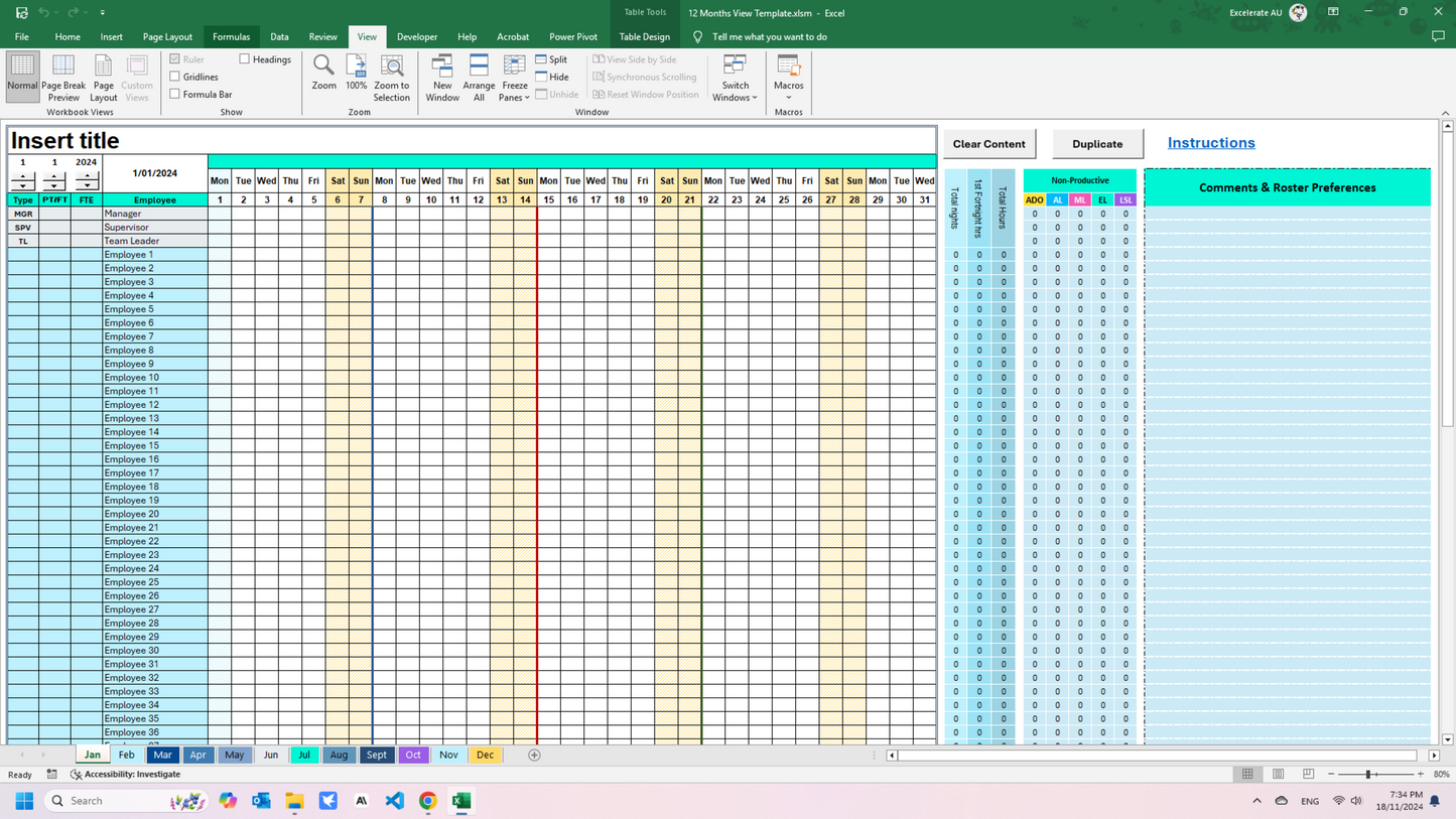 Four Excel files displaying 4-week, 6-week, 8-week, and 12-month views, each designed with macros for efficient rostering and scheduling.