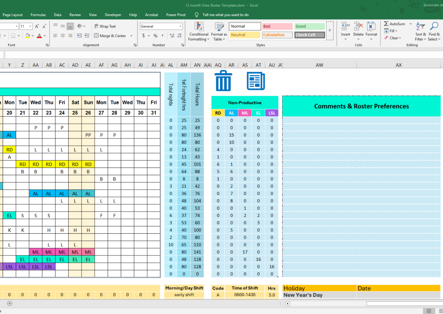 Editable Excel staff schedule planner featuring color-coded non-productive shifts like annual leave, maternity leave, and long service leave. Custom shift codes and visual clarity make it perfect for HR and team managers.