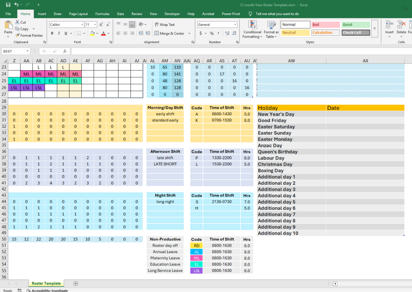 Excel-based monthly calendar template with weekend and public holiday highlighting, helping managers plan shifts efficiently and avoid scheduling conflicts. Ideal for businesses with rotating rosters.