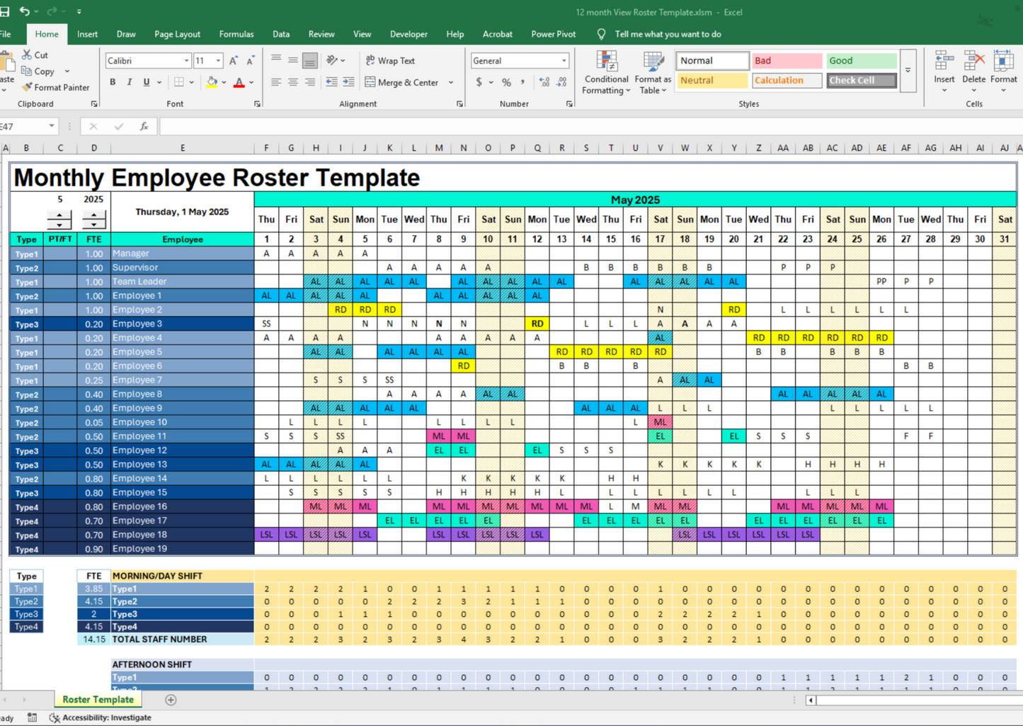 Printable Excel staff schedule template with customizable layout, editable shift codes, and dynamic calendar logic. Perfect for healthcare, retail, and hospitality businesses managing rotating shifts.