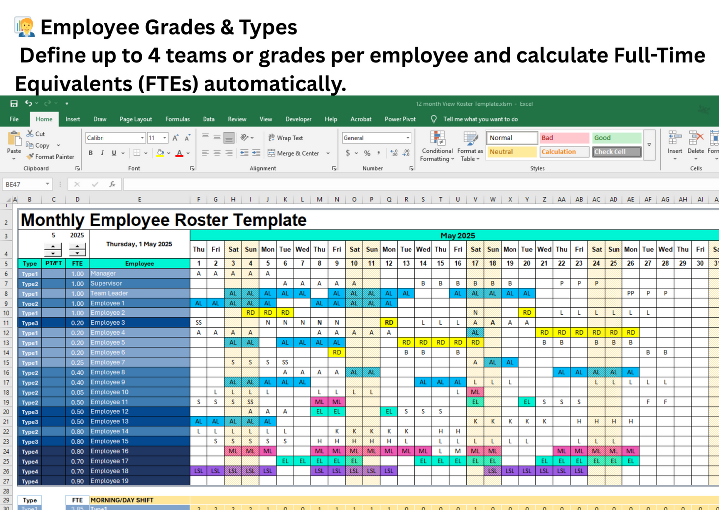 Monthly Employee Schedule Template | Excel Staff Roster & Rota Planner | Dynamic Calendar, Auto Calculations, Payroll
