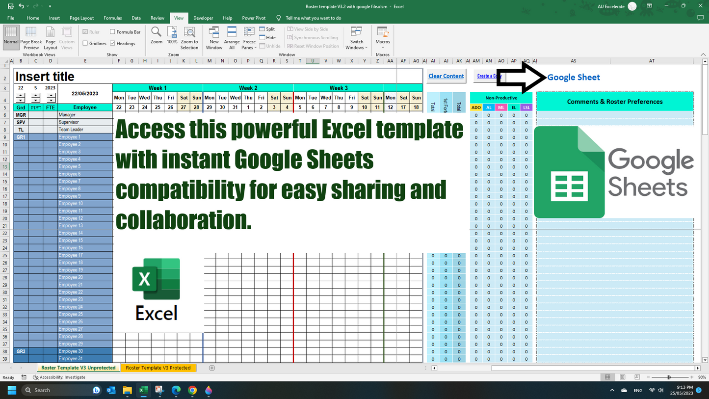 Excel & Google Sheet 4-Week View Employee Roster Template
