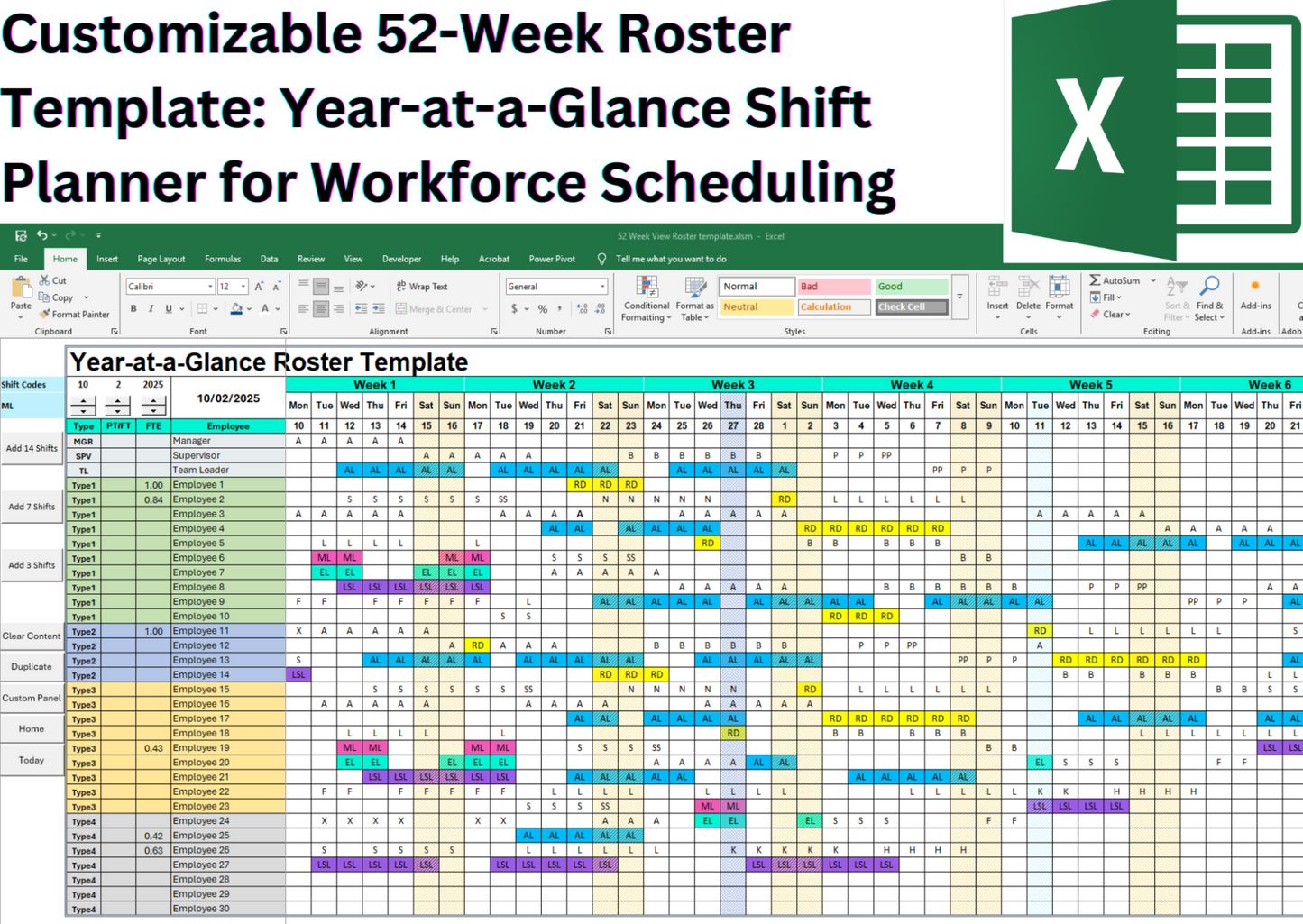 52-Week Year-at-a-Glance Roster – Excel roster template displaying a full-year shift schedule in a single view. Easily manage employee shifts, track hours, and optimize workforce planning with a clear, structured layout.
