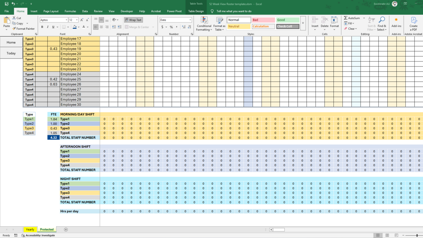 Auto-Highlight Today’s Date – Built-in automation highlights today's date across the 52-week roster for quick visibility. A dedicated "Go to Today" button instantly takes you to the current date.