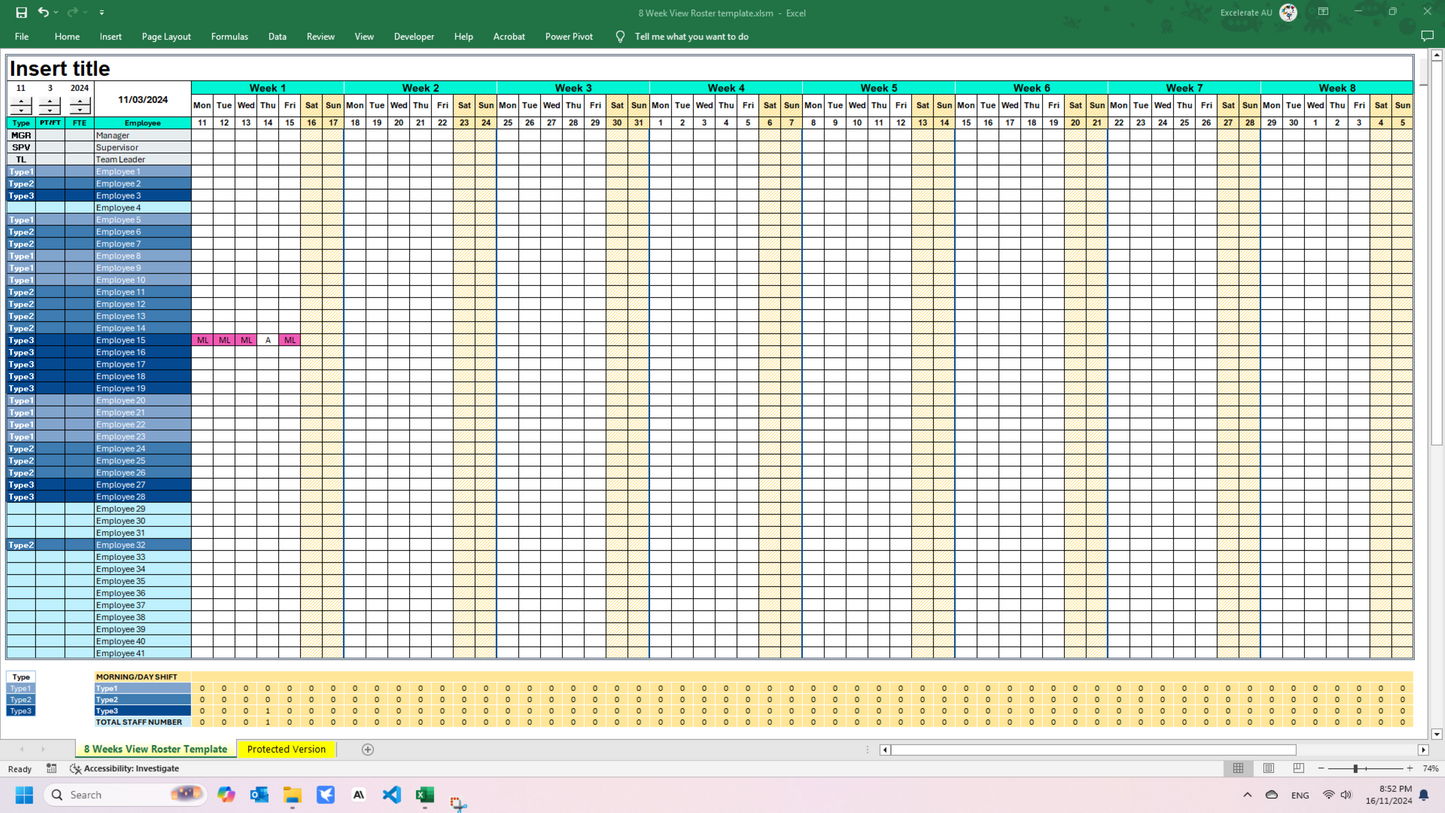 8 weeks view of the roster, with staff working hours tally, total night shifts worked tally, and non-productive shift tally, with customizable shift code, such as annual leave, study leave maternity leave etc