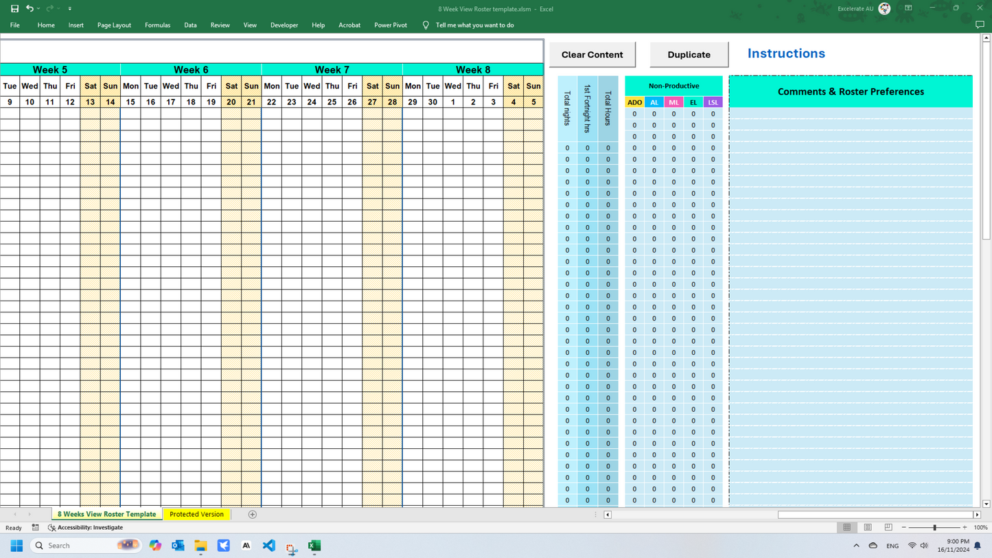 8 weeks view of the roster, with staff working hours tally, total night shifts worked tally, and non-productive shift tally, with customizable shift code, such as annual leave, study leave maternity leave etc