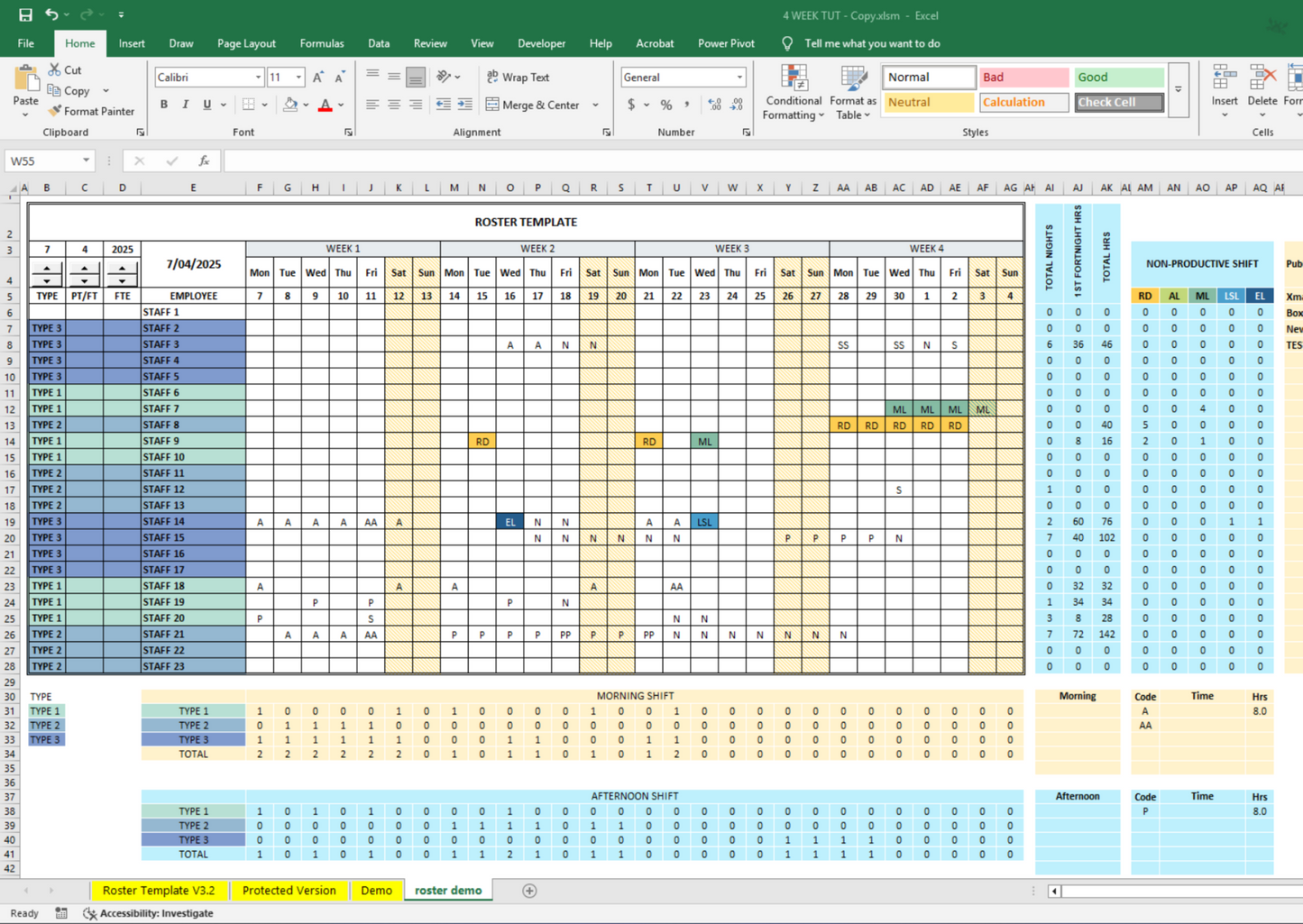 Video Tutorial - 4-Week Excel Roster Template for Shift-Based Teams