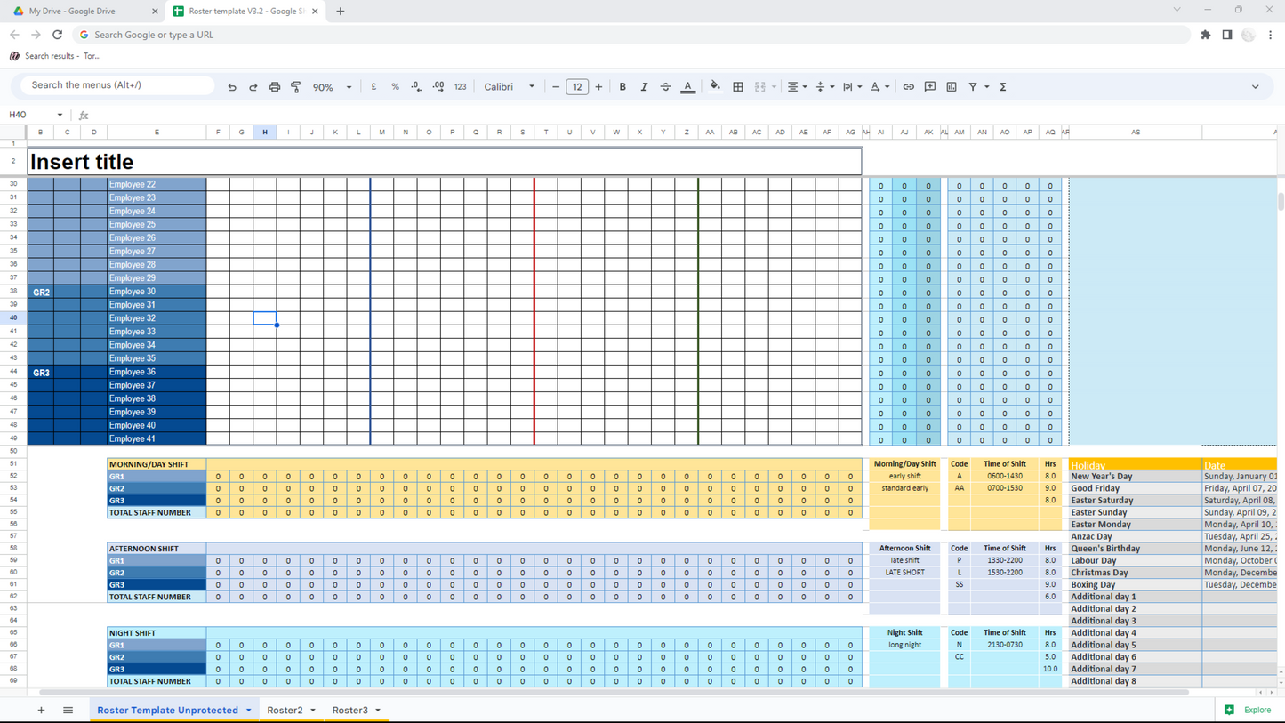 Excel & Google Sheet 4-Week View Employee Roster Template
