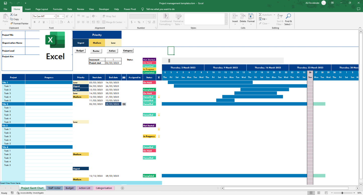 Gantt Chart Excel Template: All-in-One Project Management Tool for Rostering, Budgeting, and Action Plans – Perfect for Businesses and Teams