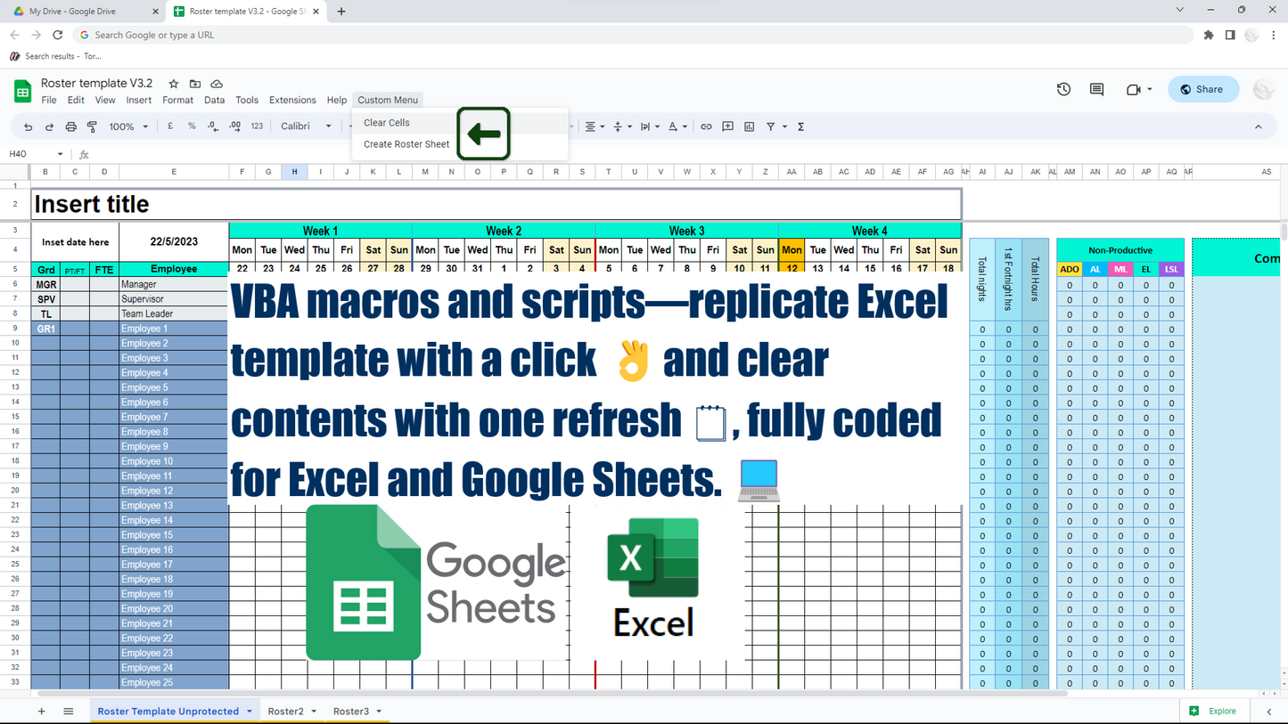 Excel & Google Sheet 4-Week View Employee Roster Template