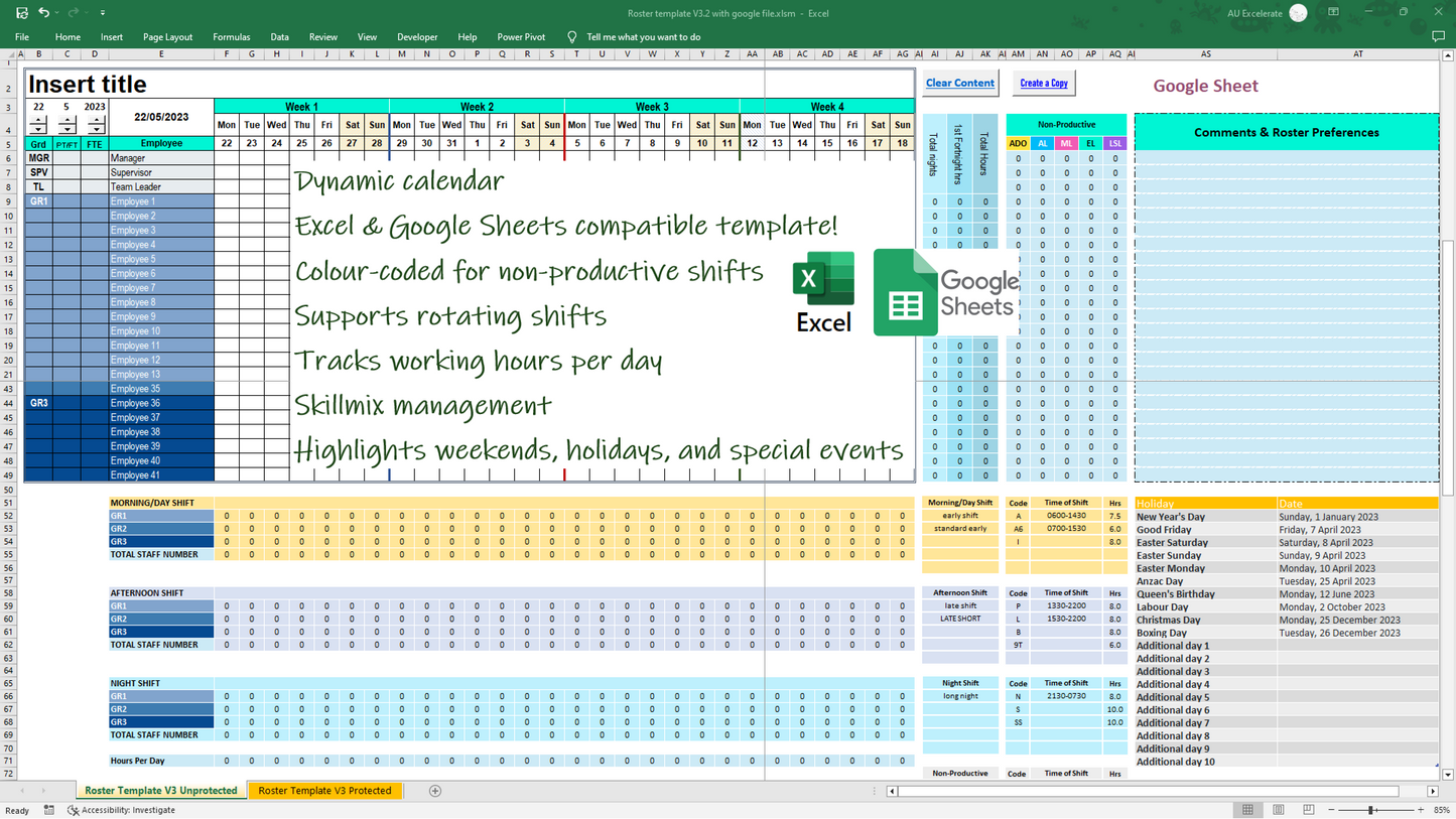 Excel & Google Sheet 4-Week View Employee Roster Template