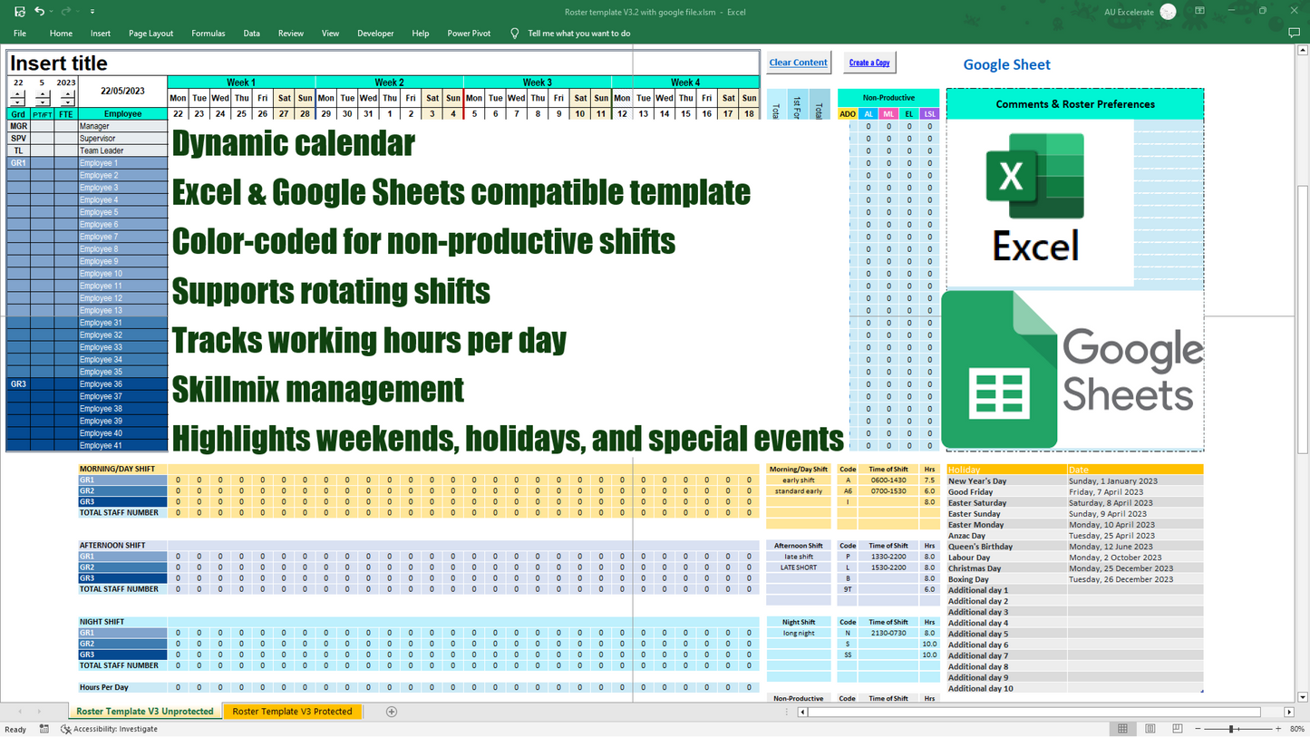 Excel & Google Sheet 4-Week View Employee Roster Template
