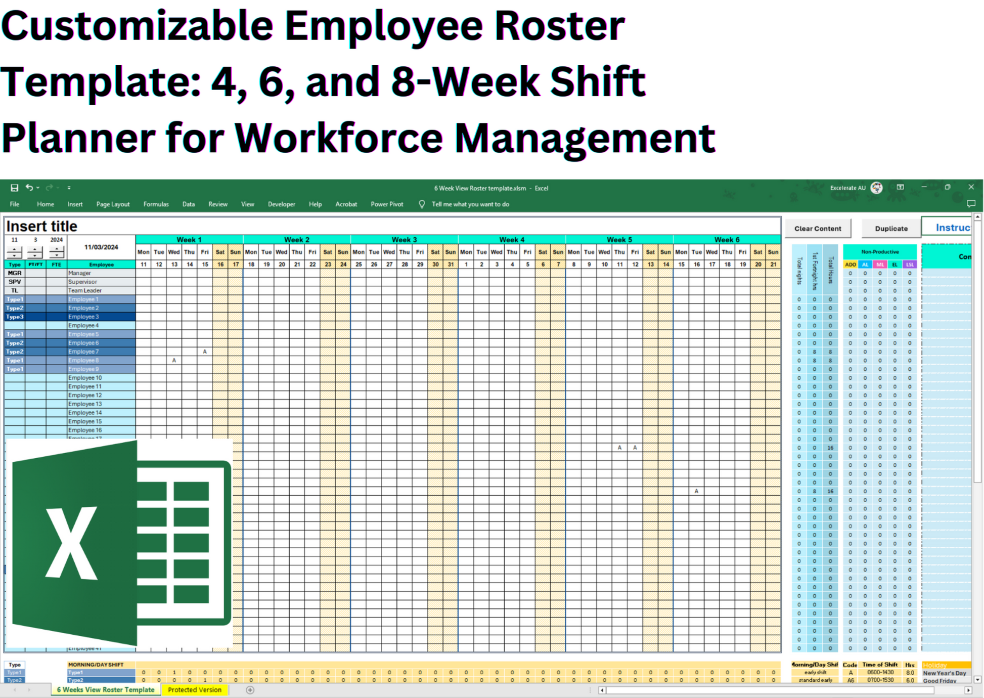 A dynamic Excel template showcasing multiple view options, including 4-week, 6-week, 8-week, and 12-month layouts, designed for efficient staff scheduling and management