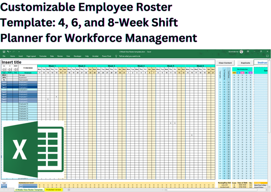 A dynamic Excel template showcasing multiple view options, including 4-week, 6-week, 8-week, and 12-month layouts, designed for efficient staff scheduling and management