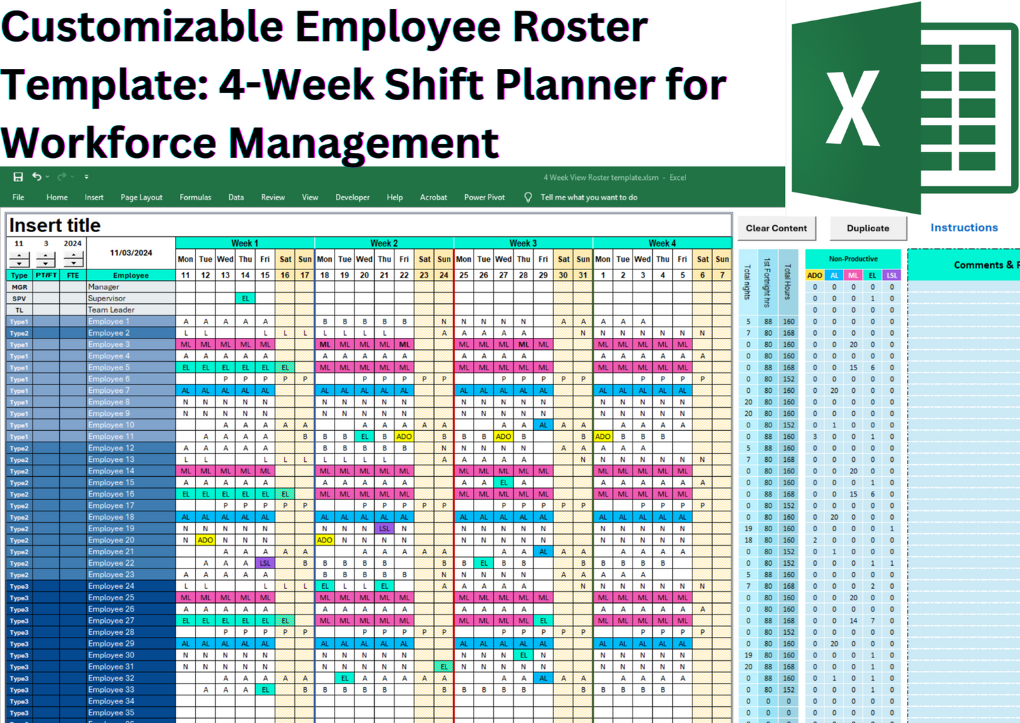 An intuitive, customizable Excel roster template for managing shifts, employee availability, and work hours. Features include a 4-week view, dynamic calendars, customizable shift codes, color-coded shifts, and automated calculations for scheduling.
