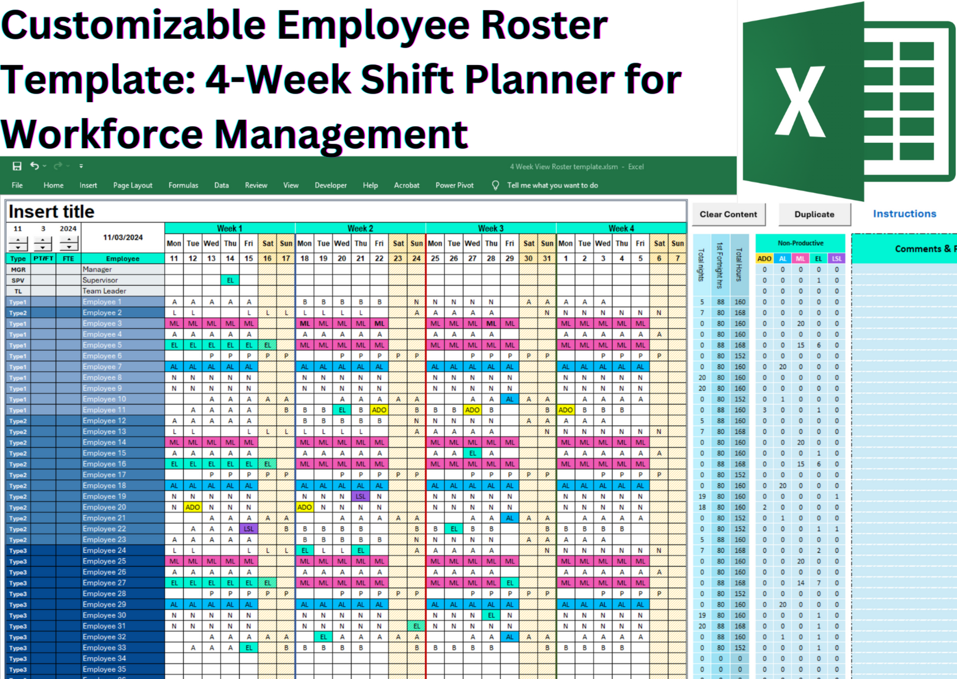 An intuitive, customizable Excel roster template for managing shifts, employee availability, and work hours. Features include a 4-week view, dynamic calendars, customizable shift codes, color-coded shifts, and automated calculations for scheduling.