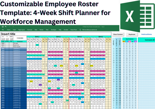An intuitive, customizable Excel roster template for managing shifts, employee availability, and work hours. Features include a 4-week view, dynamic calendars, customizable shift codes, color-coded shifts, and automated calculations for scheduling.