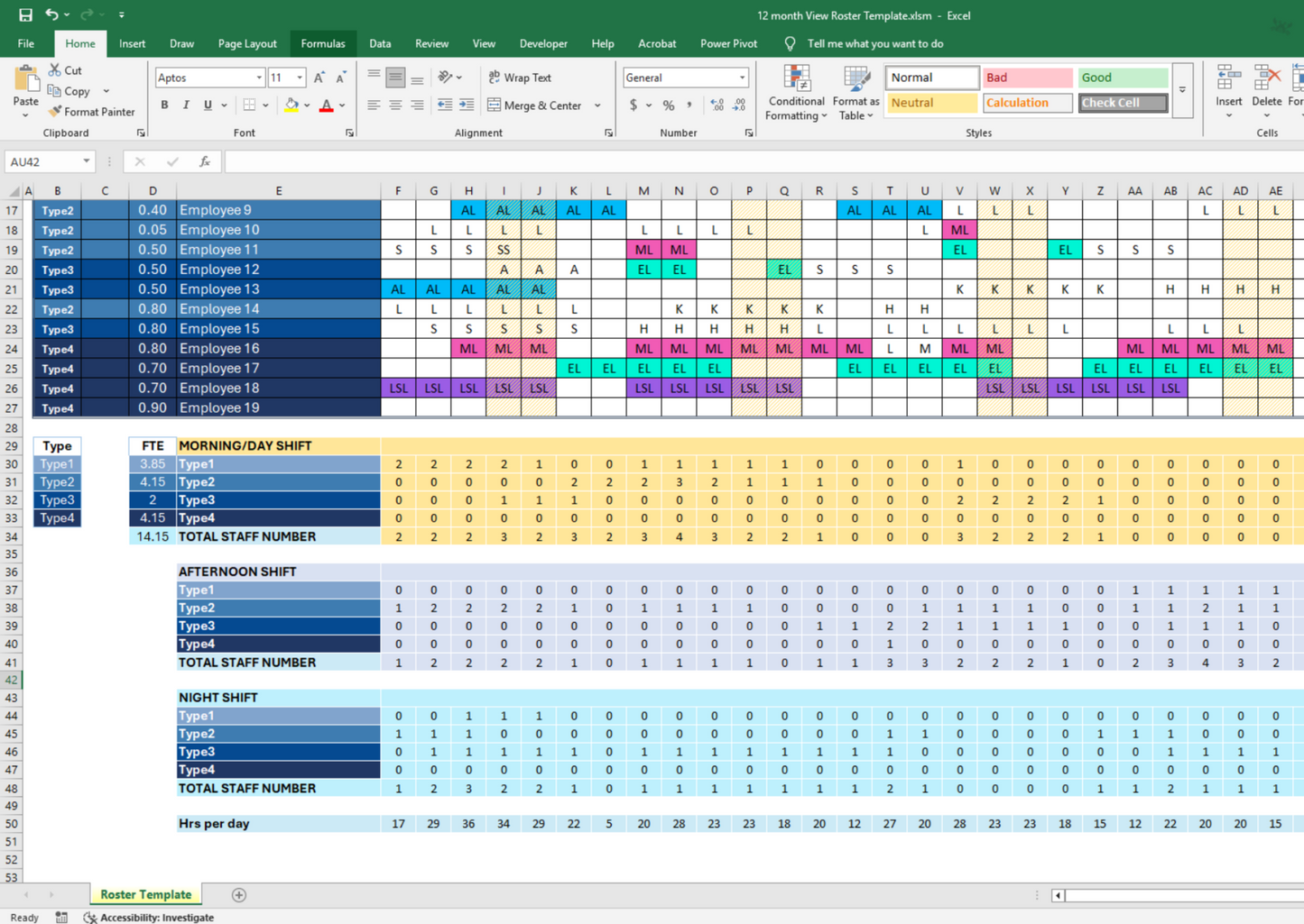 Employee roster spreadsheet with built-in FTE calculation and team/grade allocation. Easily manage multiple teams and track full-time equivalents for better resource planning and reporting.