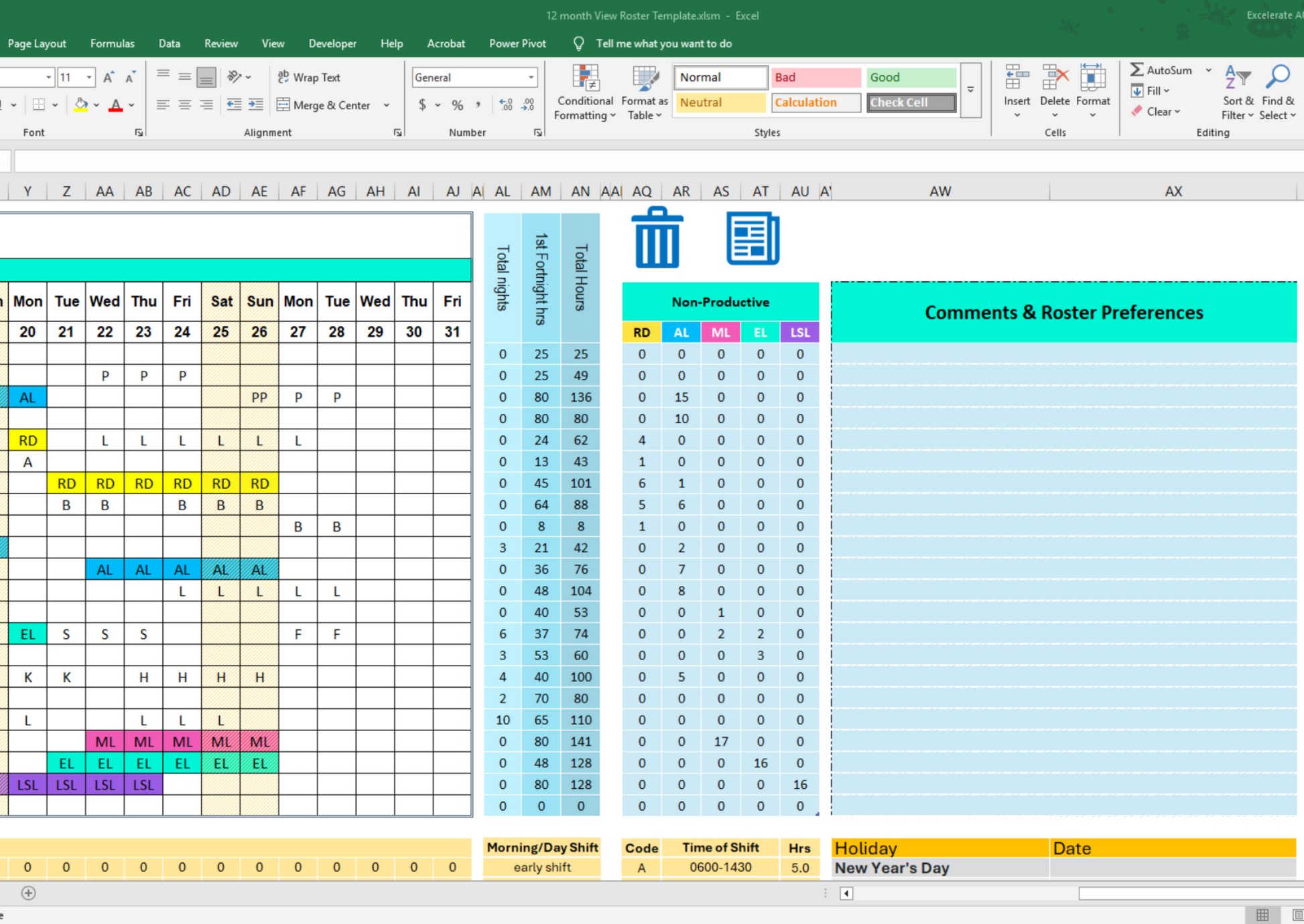Editable Excel staff schedule planner featuring color-coded non-productive shifts like annual leave, maternity leave, and long service leave. Custom shift codes and visual clarity make it perfect for HR and team managers.