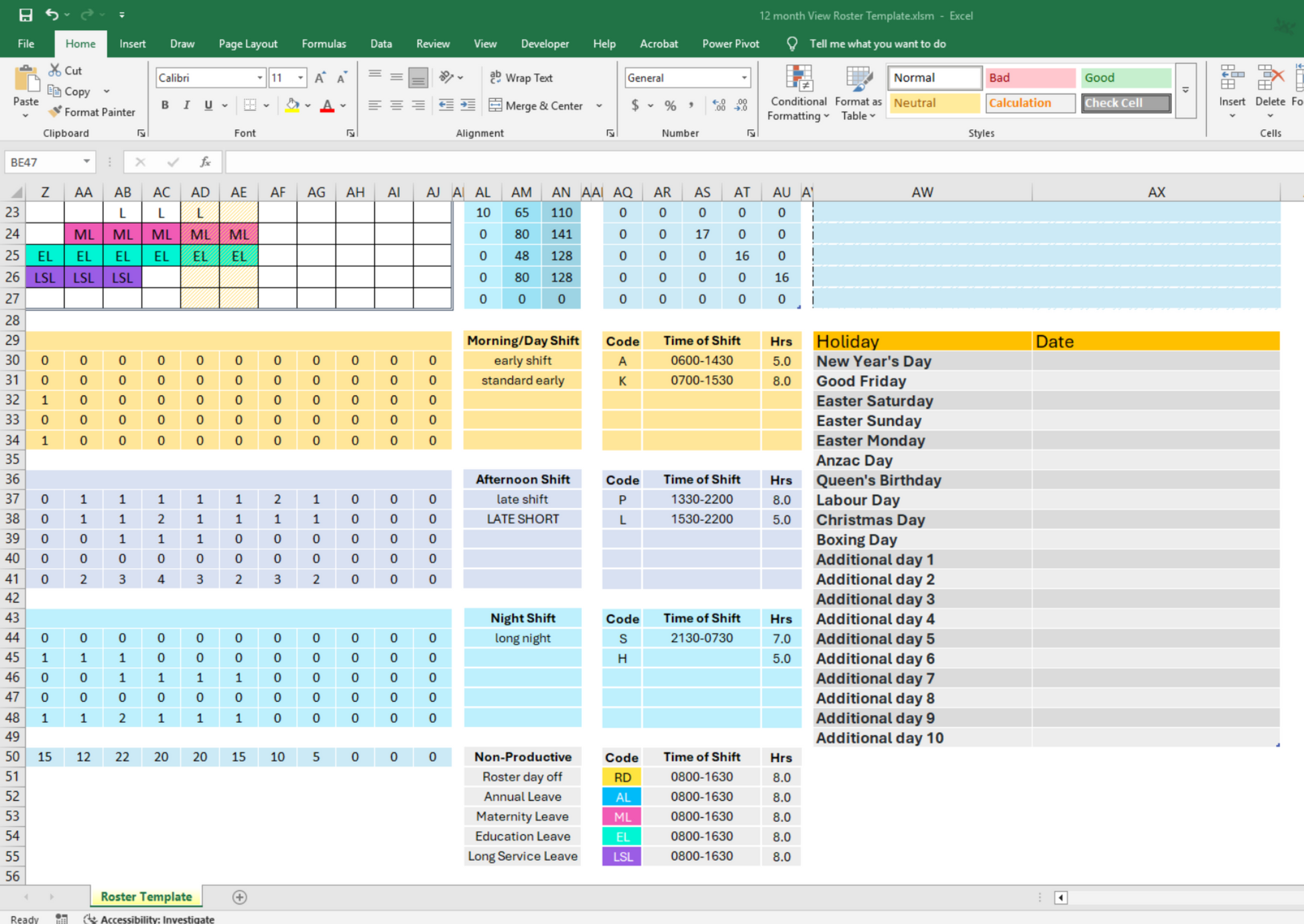Excel-based monthly calendar template with weekend and public holiday highlighting, helping managers plan shifts efficiently and avoid scheduling conflicts. Ideal for businesses with rotating rosters.