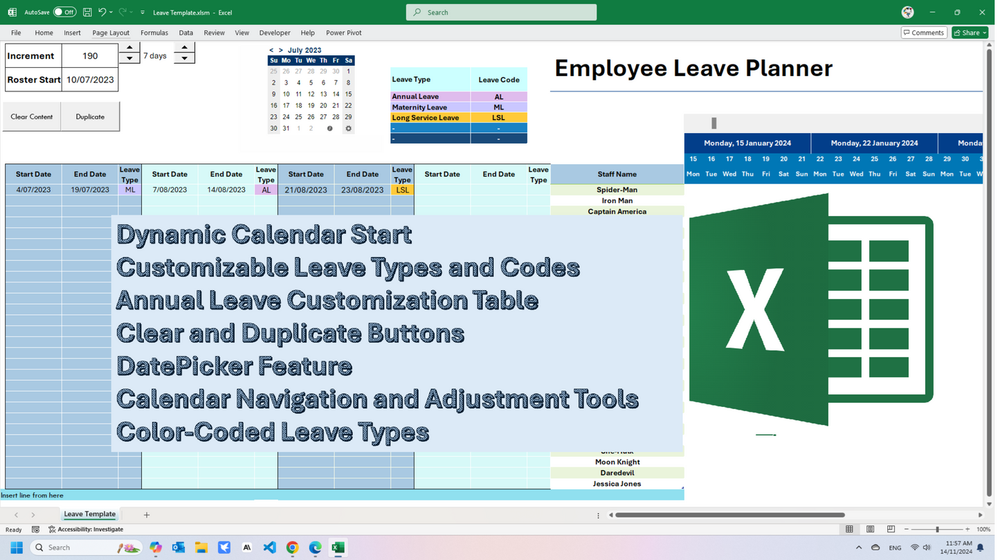 Employee Leave Planner suitable for various industries, including healthcare, retail, and hospitality, for organized leave management.