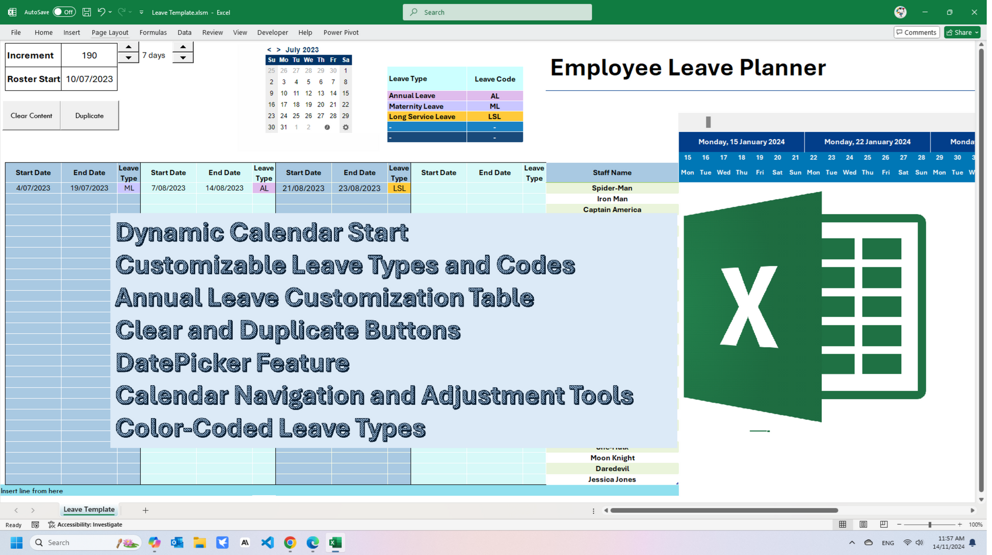 Employee Leave Planner suitable for various industries, including healthcare, retail, and hospitality, for organized leave management.