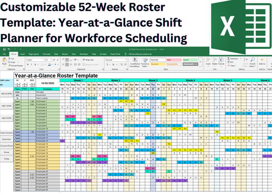 52-Week Year-at-a-Glance Roster – Excel roster template displaying a full-year shift schedule in a single view. Easily manage employee shifts, track hours, and optimize workforce planning with a clear, structured layout.