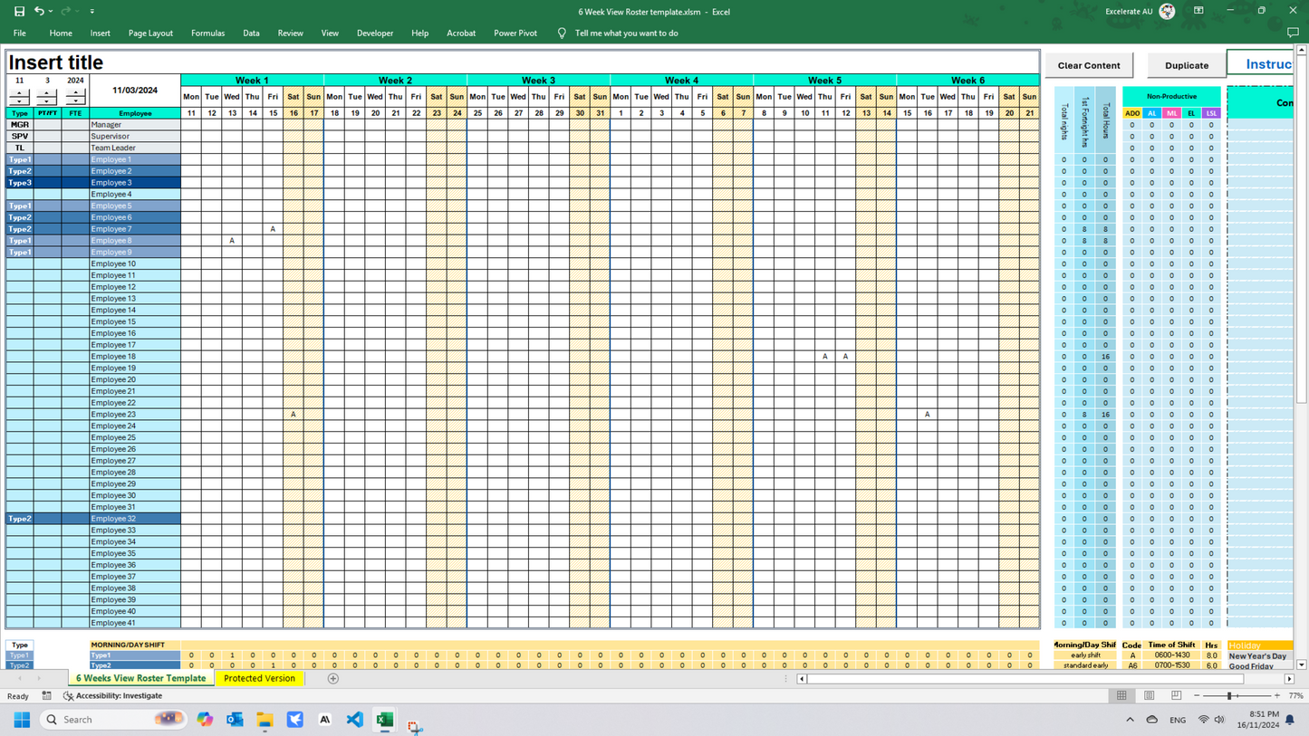 Excel 8-week shift schedule planner roster template
