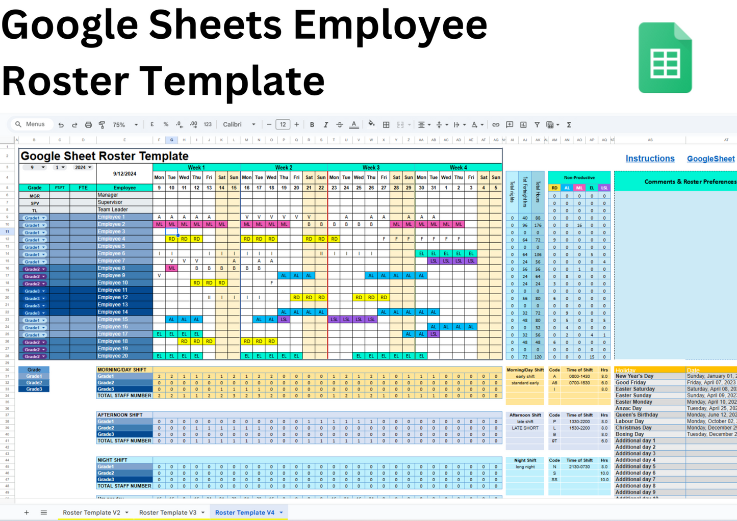 '-Dynamic Calendars
-Customizable Shift Codes
-Color-Coded Shifts
-Skill Mix Tracking
-Shift Count Tracker
-Rotating Shift Patterns
-Working Hours Calculator
-Weekend & Holiday Highlights
-Print-Ready Schedules
-Excel & Google Sheets Compatible