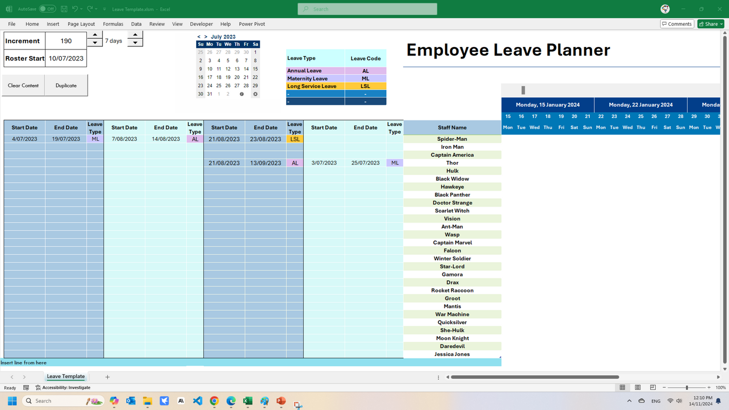 Employee Leave Planner featuring clear and duplicate buttons for efficient template management.