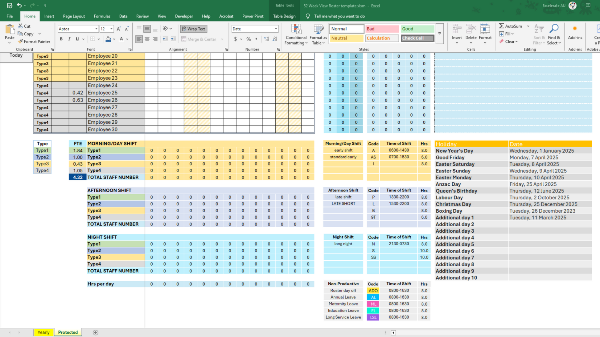 Total Night Shift & Non-Productive Hours Tracker – Track how many night shifts each employee is assigned and monitor non-productive shift hours like annual leave or sick leave in one place.