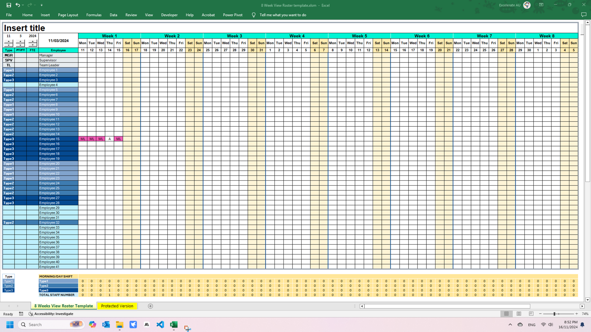 8 weeks view of the roster, with staff working hours tally, total night shifts worked tally, and non-productive shift tally, with customizable shift code, such as annual leave, study leave maternity leave etc