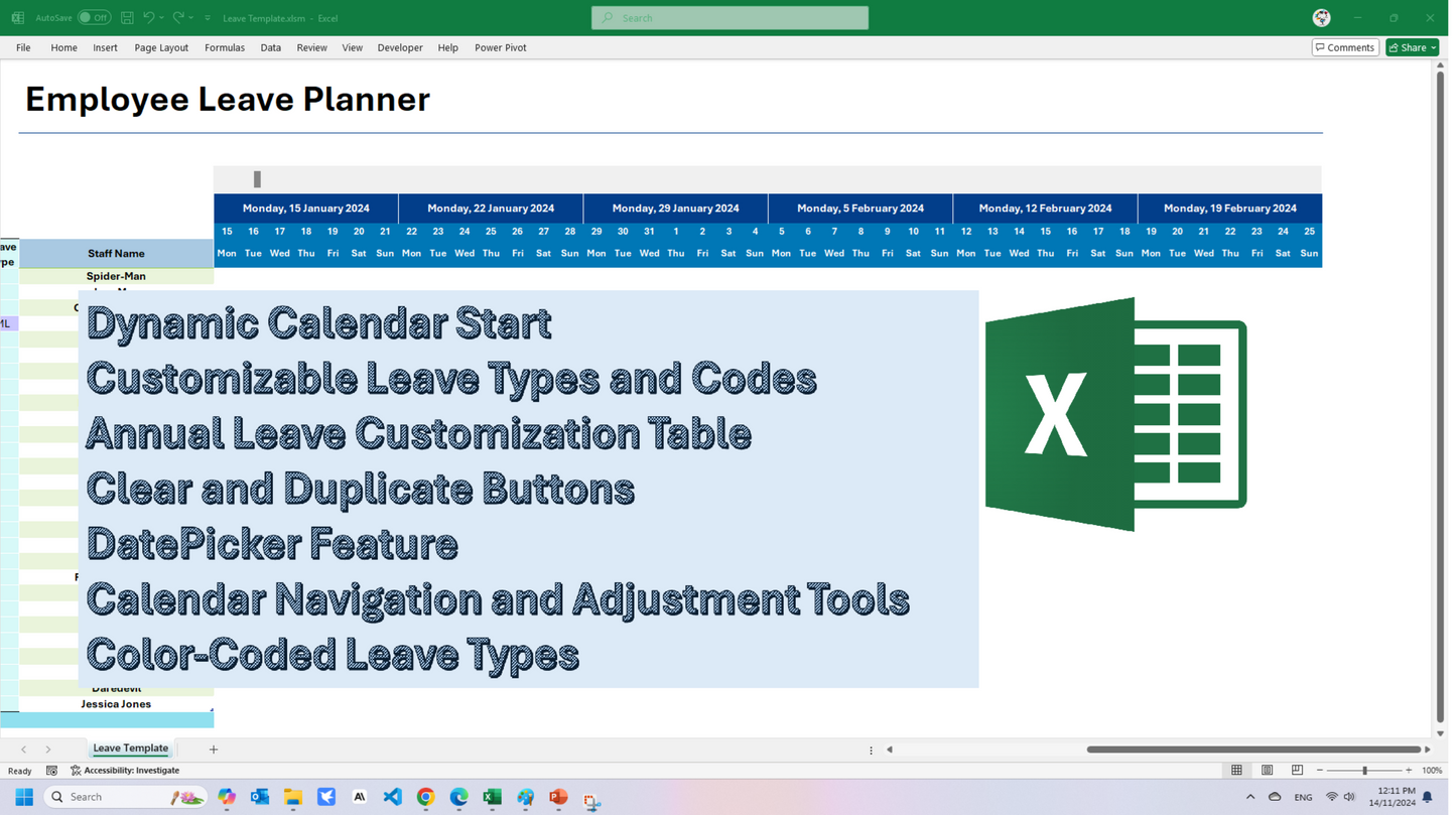 Employee Leave Planner suitable for various industries, including healthcare, retail, and hospitality, for organized leave management.