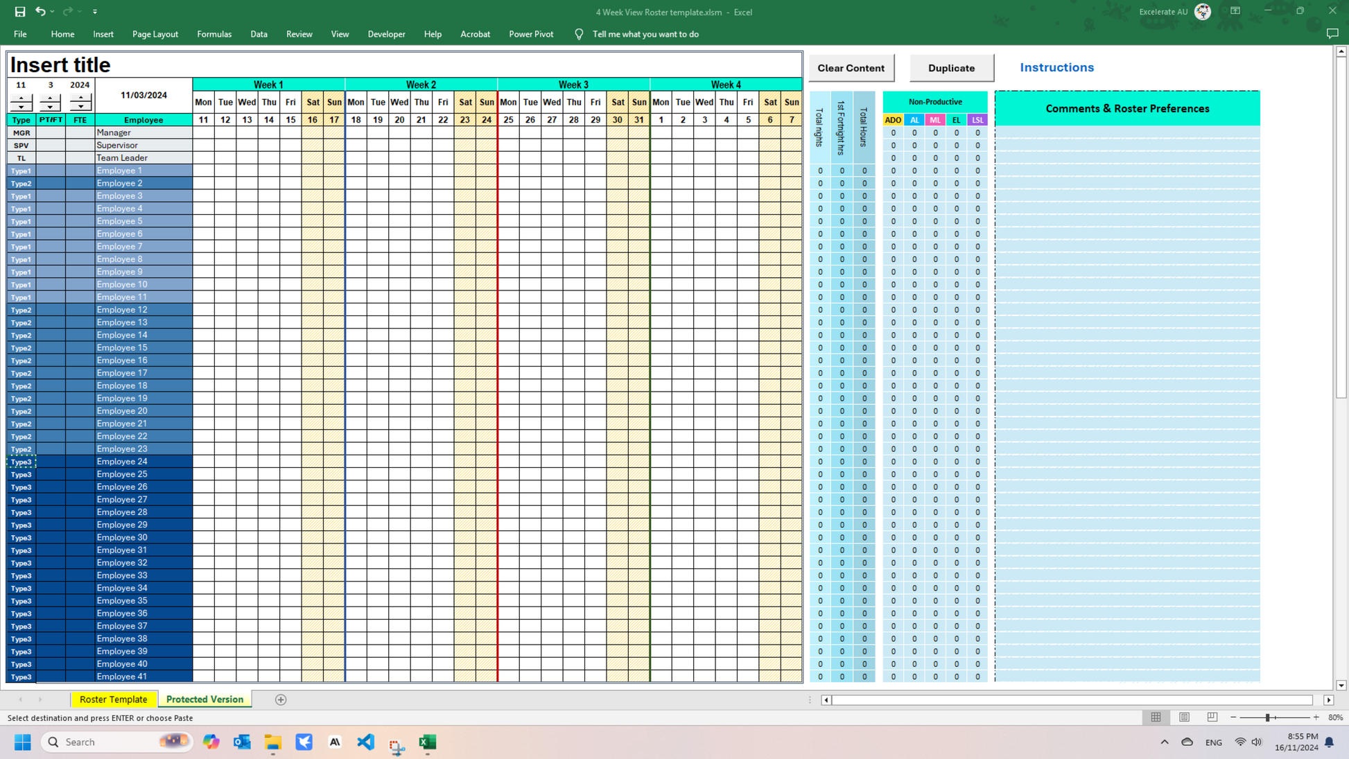 4 weeks view of the roster, with dynamic calendar, clear content button, and duplicate button, also has the tally panel for each employee with the tally of non-productive shifts counts(with the shift codes are fully customizable)
