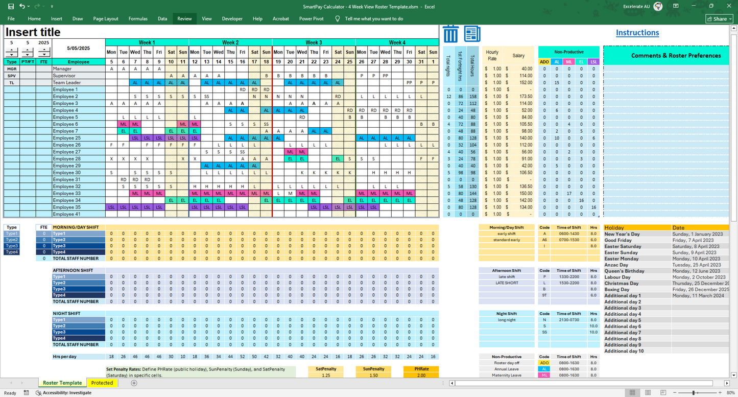 Excel Employee Roster Templates Pack: 4, 6, and 8-Week Shift Planner (Also Available on Etsy)