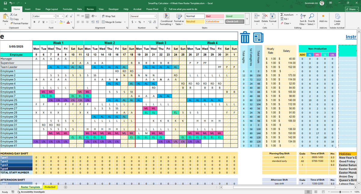 4-Week Excel Roster Template | Staff Shift Planner – Excelerate Digital