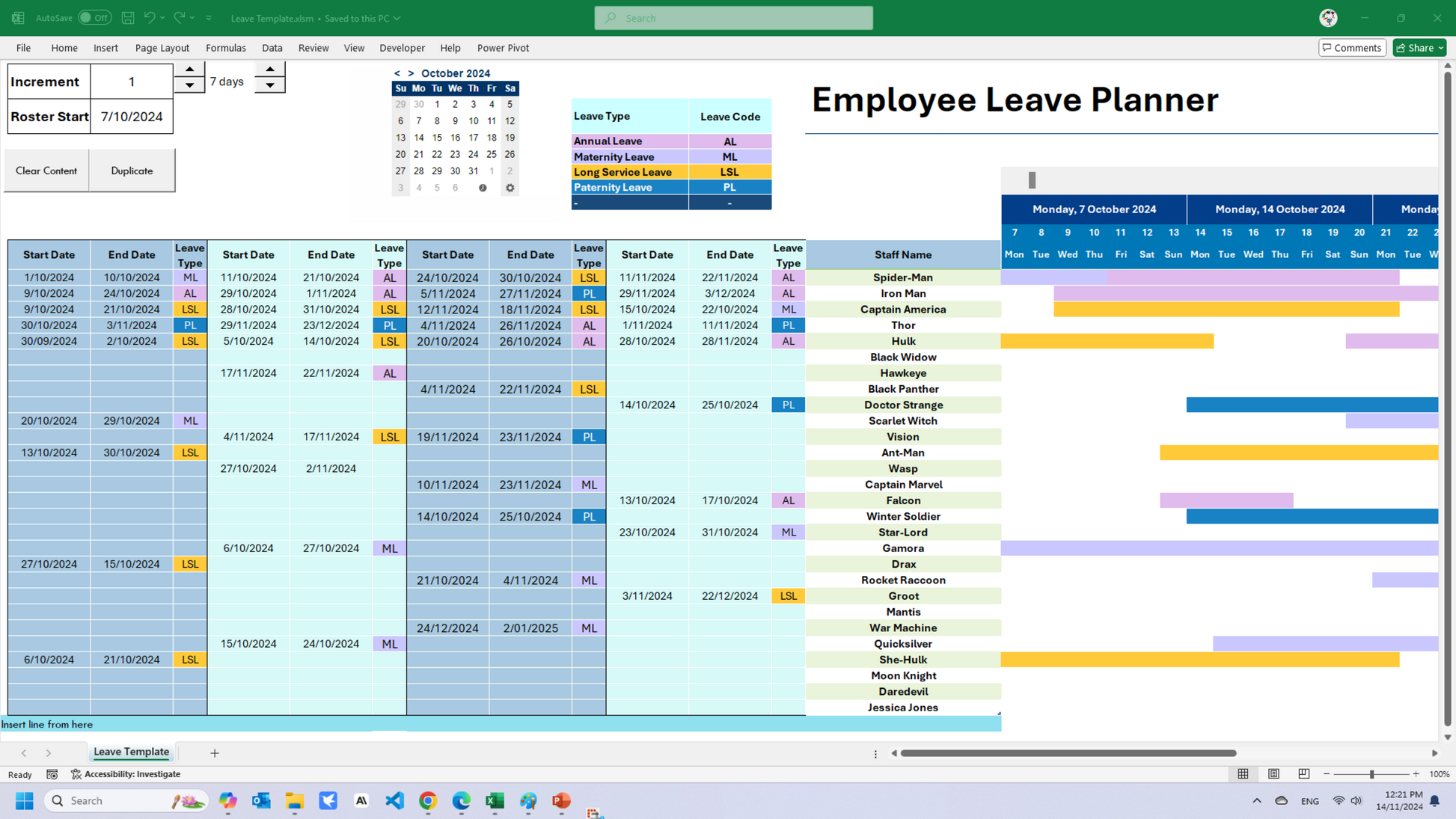 Employee Leave Planner showcasing interactive calendar navigation with move-right button, plus button for weekly increments, and scroll bar