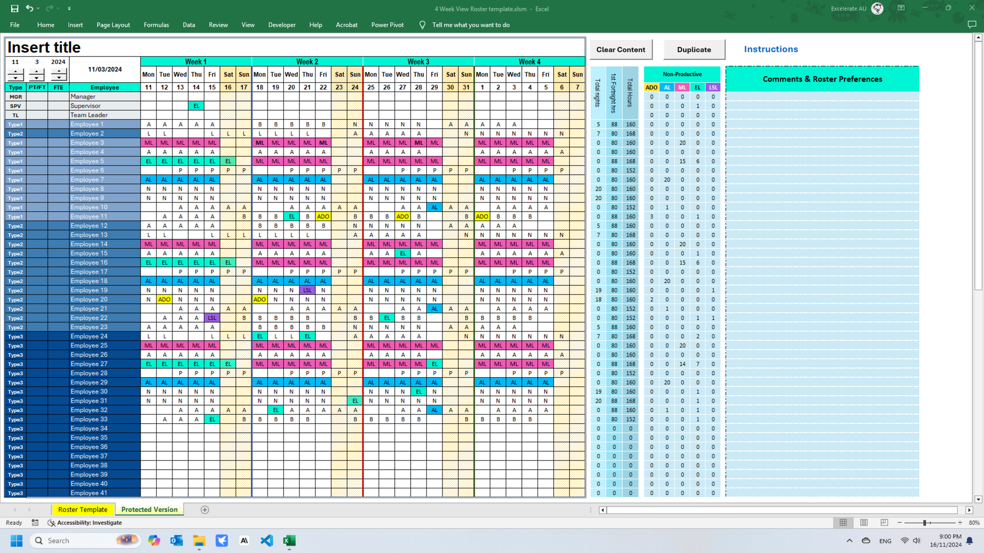 Color Coding: Color-coded shift planner in Excel, highlighting shift types and counting shifts per employee for seamless scheduling.