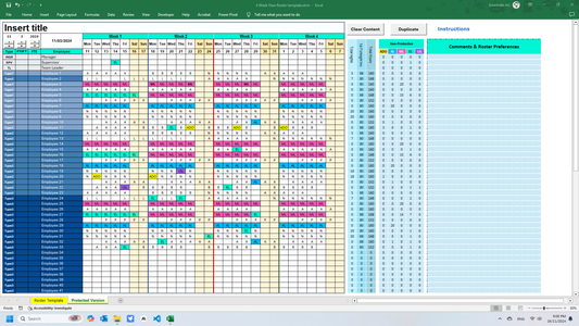 Color Coding: Color-coded shift planner in Excel, highlighting shift types and counting shifts per employee for seamless scheduling.