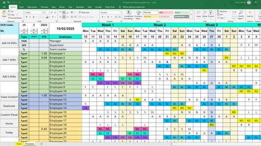 Non-Productive Shift Type Tally – Automatically calculate and display total leave types assigned to each employee, ensuring accurate tracking of annual leave, sick leave, and other non-working shifts.