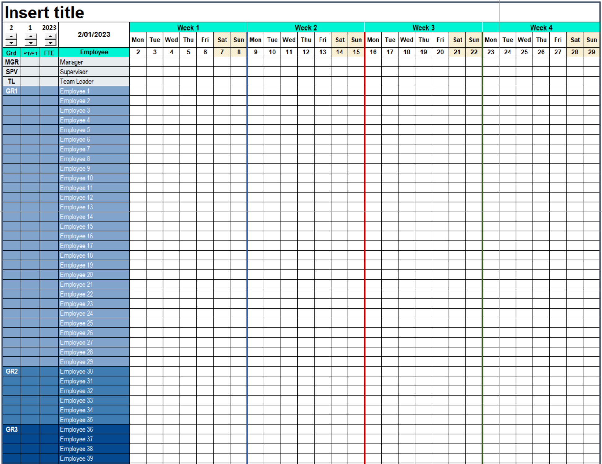 Excel employee schedule template showing a full month view. Features dynamic calendars, customizable shift codes, shift count, skills tracker, & automatic work hours. Perfect for managing rotating shifts in healthcare, retail or hospitality.