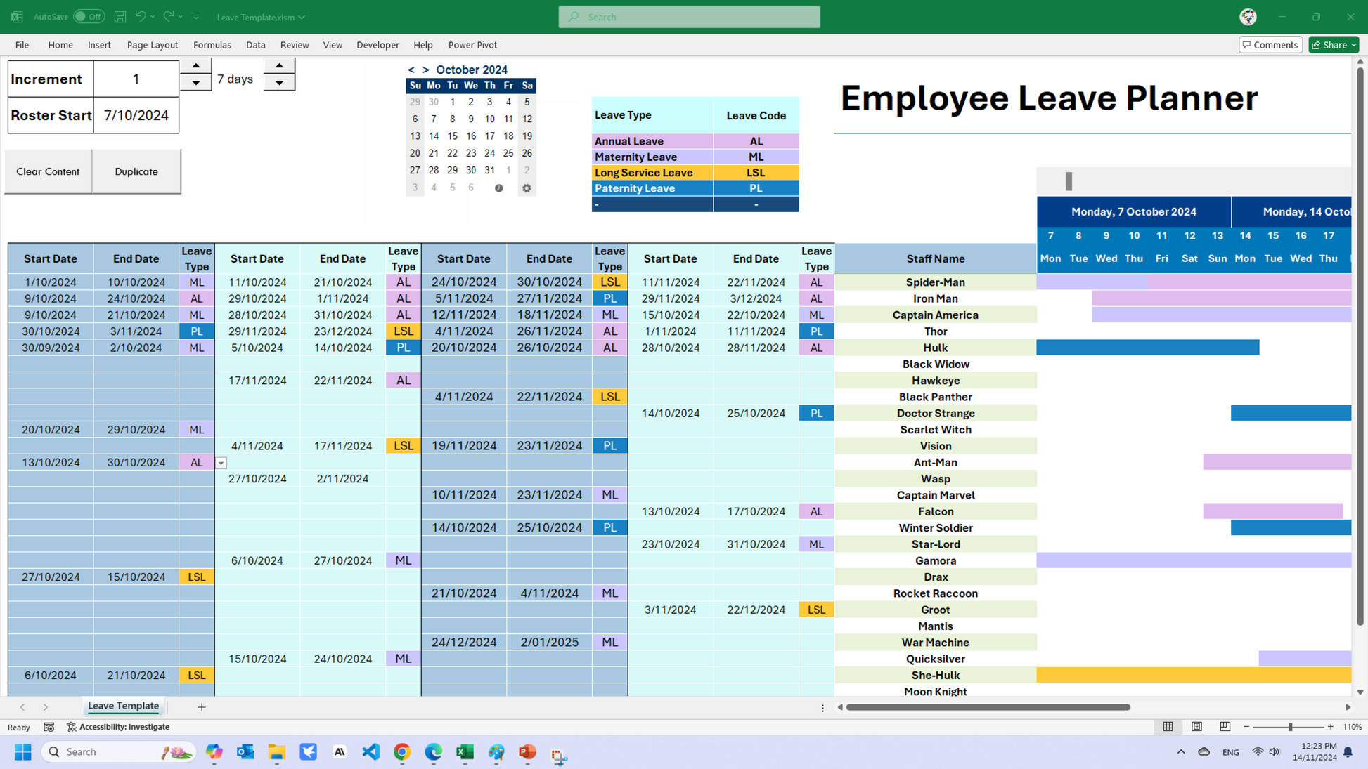 Screenshot of Employee Leave Planner showing dynamic date flexibility, allowing calendar start on any date of the year