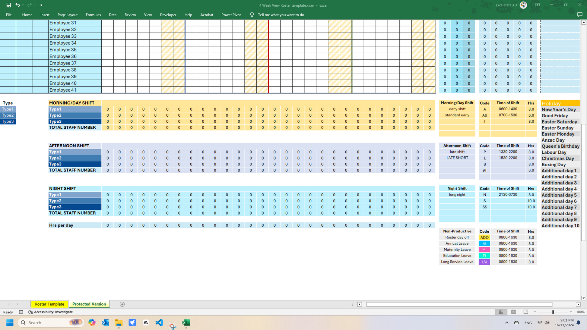 Weekend & Public Holiday Highlighting: Clearly identify non-working days.
Customizable Shift Codes: Tailor shift codes to specific needs and requirements.
