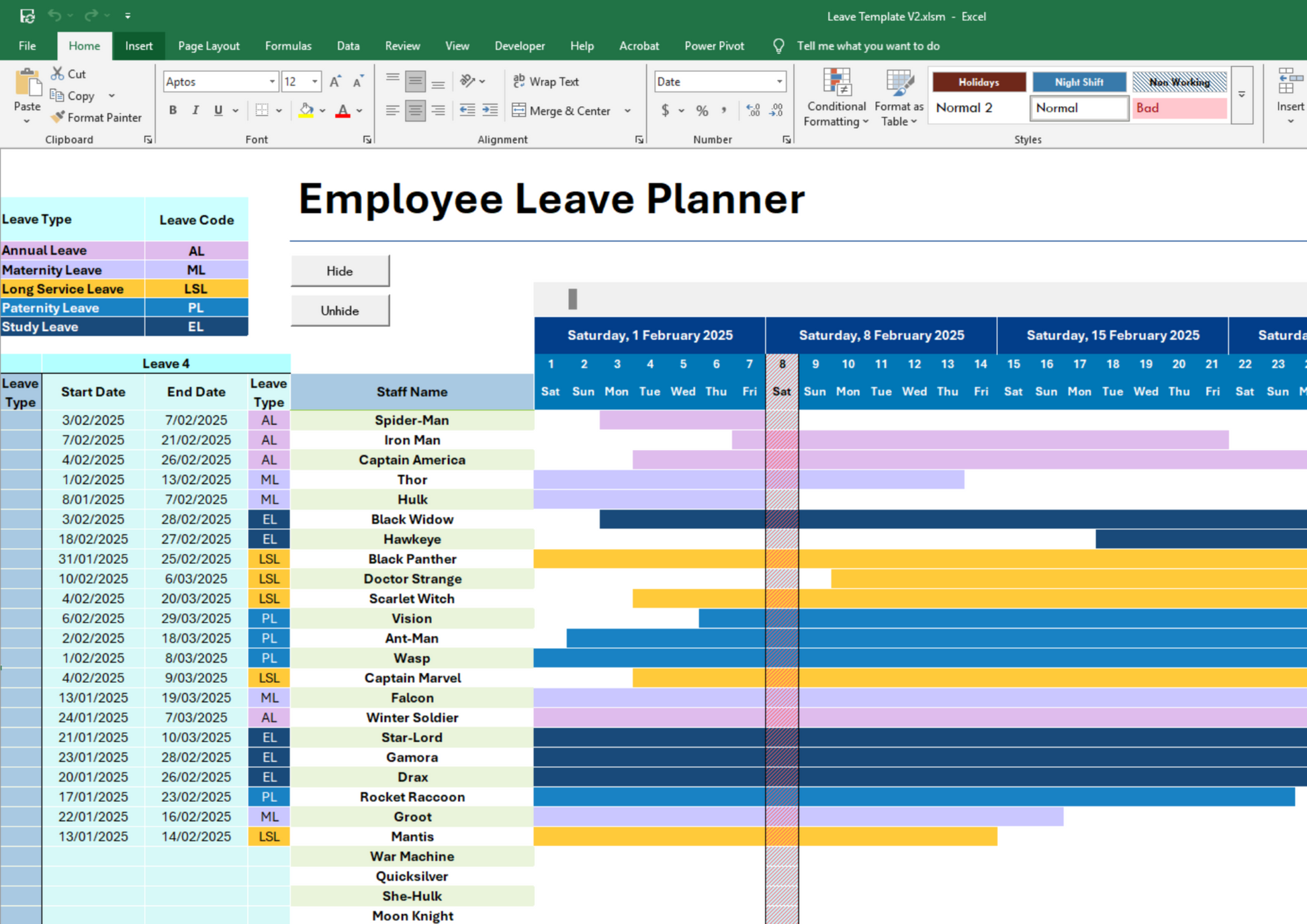 Screenshot of Employee Leave Planner with hide and unhide buttons to maintain a neat and user-friendly interface