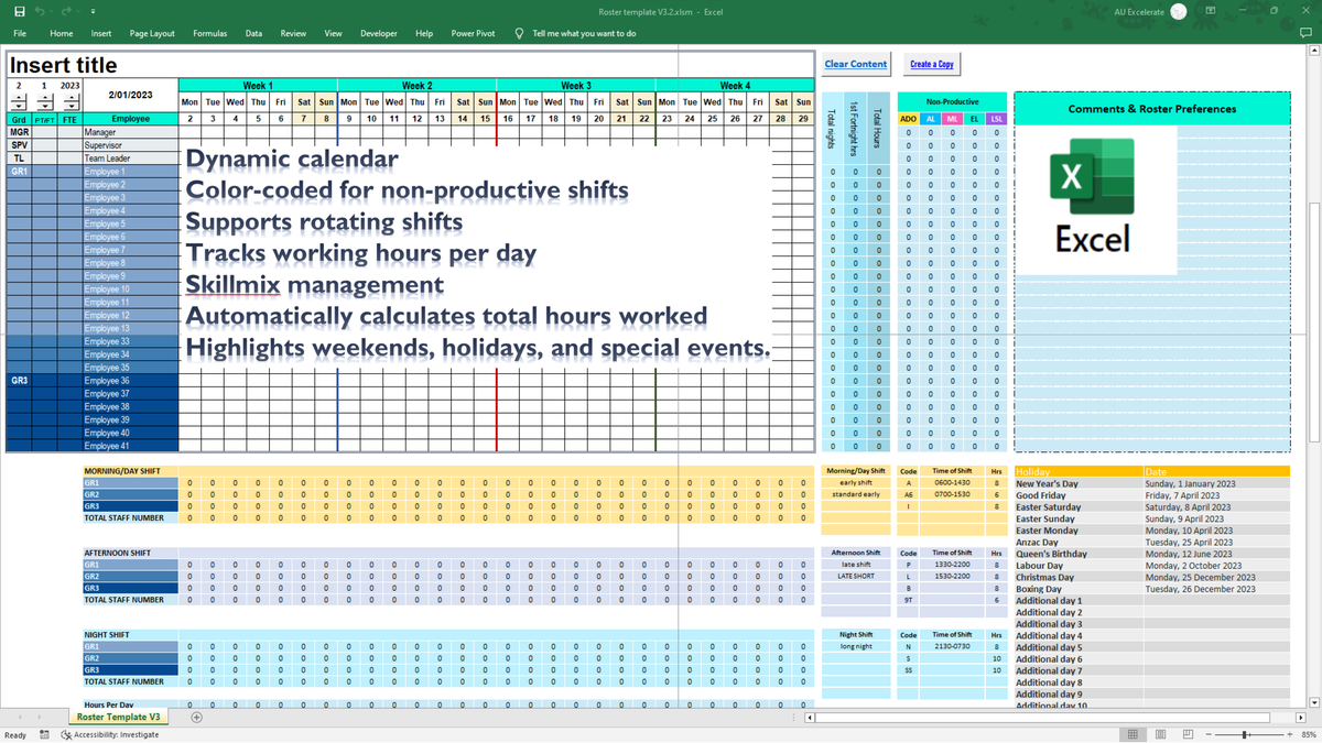 Complete Shift Roster View 4-Week Excel Roster Template | Staff Shift Planner – Excelerate Digital