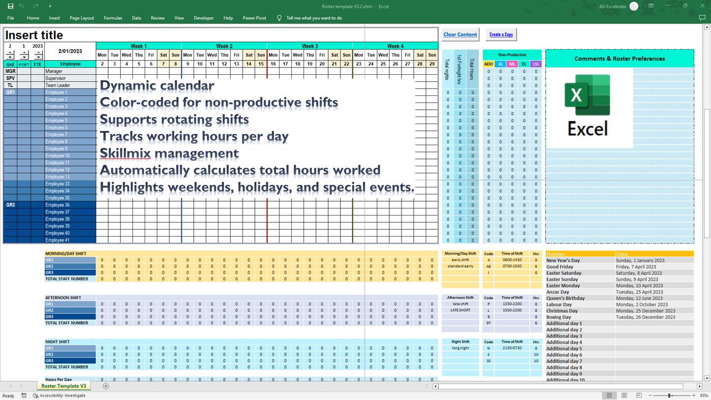 Dynamic Calendars: Excel calendar automatically updating based on the current month and year, providing real-time scheduling accuracy.
