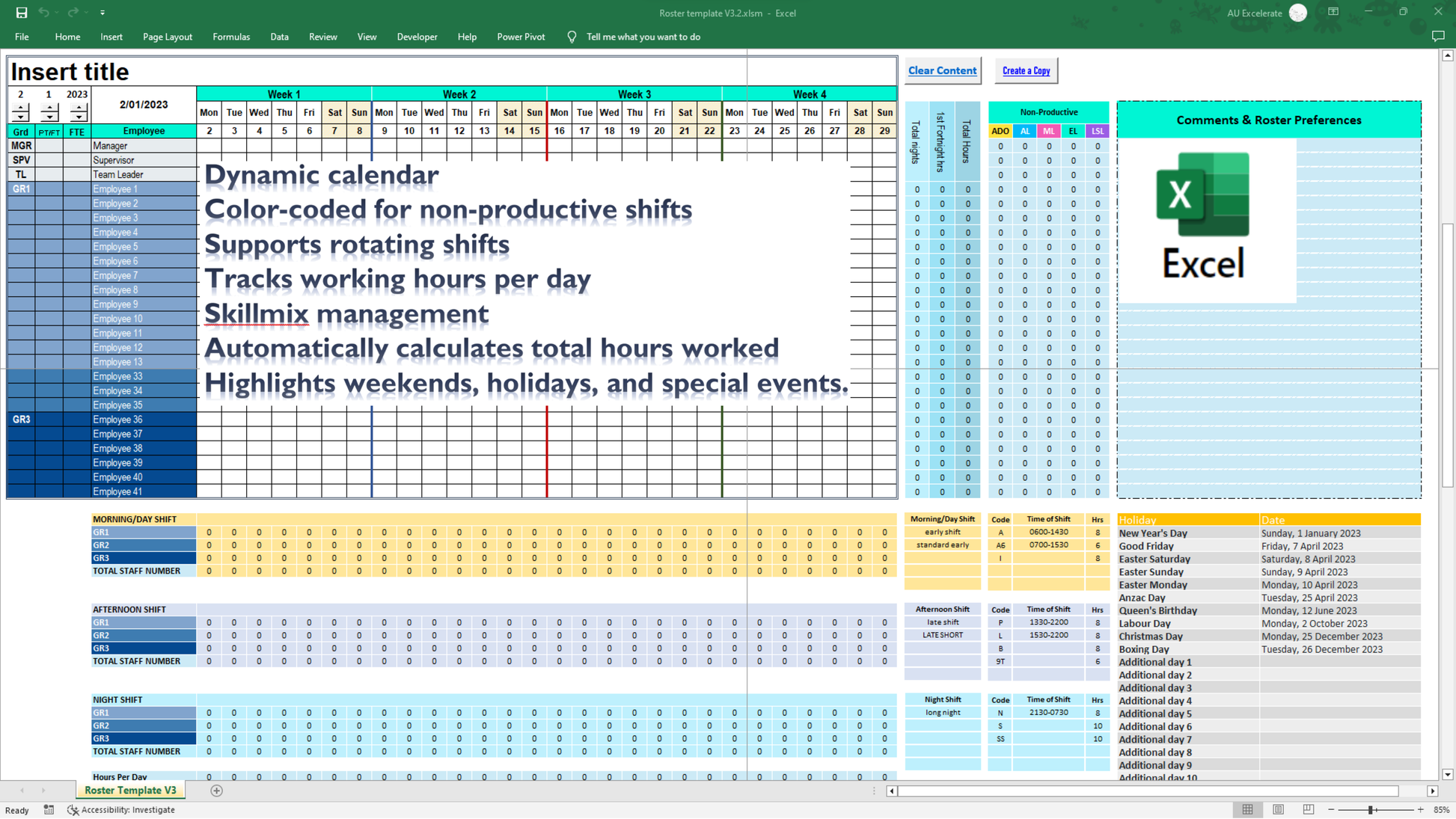Dynamic Calendars: Excel calendar automatically updating based on the current month and year, providing real-time scheduling accuracy.