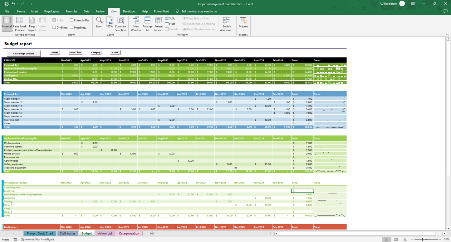 Gantt Chart Excel Template: All-in-One Project Management Tool for Rostering, Budgeting, and Action Plans – Perfect for Businesses and Teams